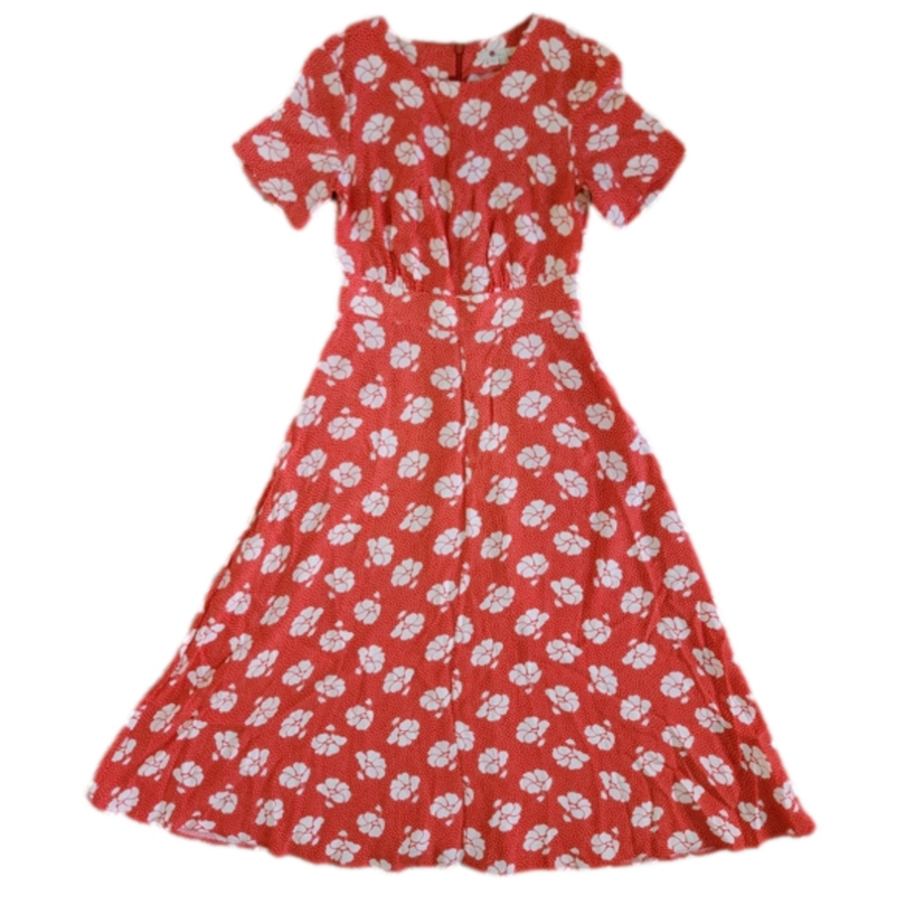 Boden Ruth Midi Coral Floral Dress Women'’s 8L Long US Orange/White Back Zip